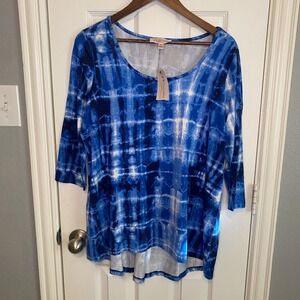 Philosophy Top Tunic Women's Plus Size 1X Blue Tie Dye 3/4 Sleeve
